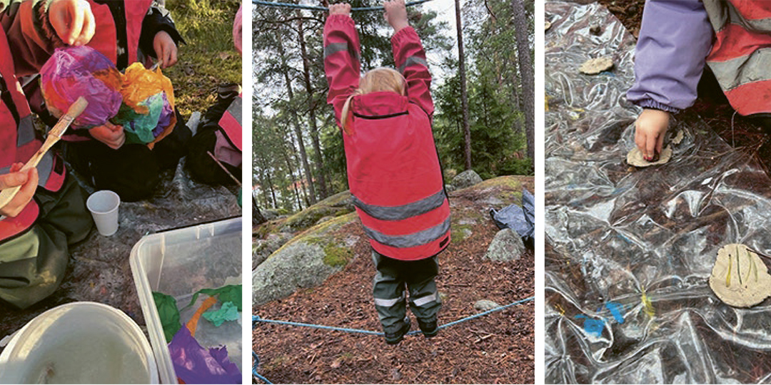 Barn klättrar i rep och skapar med penslar och lera utomhus.