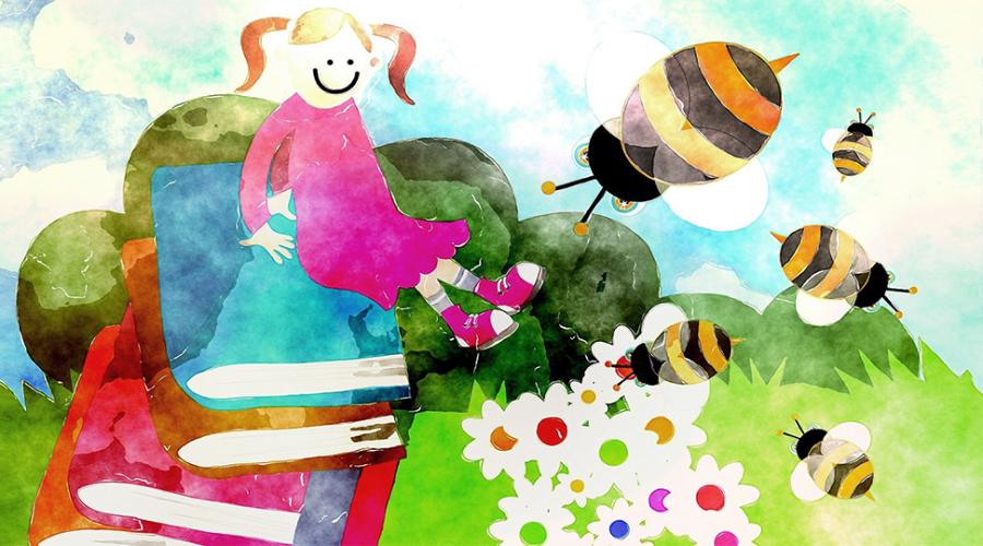 Illustration av flicka med böcker på en sommaräng.
